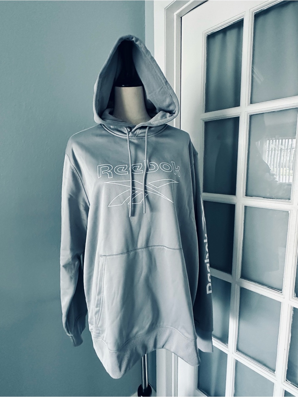 Reebok Men's Pale Gray Pullover Hooded Zip Sweater with Logo